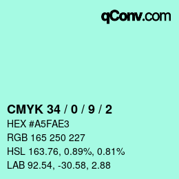 カラーコード: CMYK 34 / 0 / 9 / 2 | qconv.com