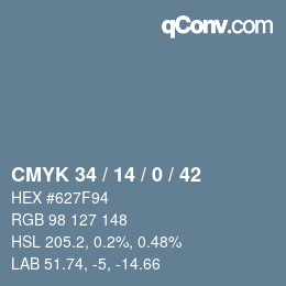 Farbcode: CMYK 34 / 14 / 0 / 42 | qconv.com