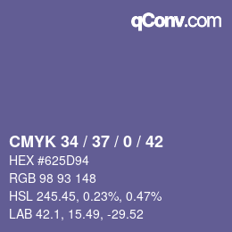 Farbcode: CMYK 34 / 37 / 0 / 42 | qconv.com