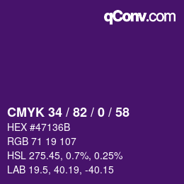 カラーコード: CMYK 34 / 82 / 0 / 58 | qconv.com