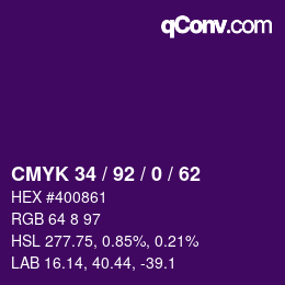 Color code: CMYK 34 / 92 / 0 / 62 | qconv.com