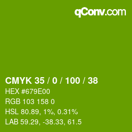 カラーコード: CMYK 35 / 0 / 100 / 38 | qconv.com