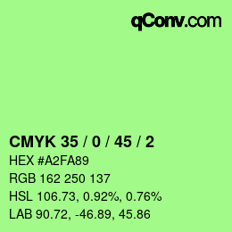 カラーコード: CMYK 35 / 0 / 45 / 2 | qconv.com