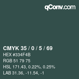 Color code: CMYK 35 / 0 / 5 / 69 | qconv.com