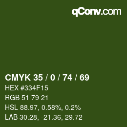 カラーコード: CMYK 35 / 0 / 74 / 69 | qconv.com