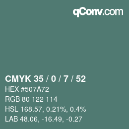 Color code: CMYK 35 / 0 / 7 / 52 | qconv.com