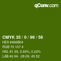 Farbcode: CMYK 35 / 0 / 96 / 58 | qconv.com