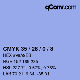 カラーコード: CMYK 35 / 28 / 0 / 8 | qconv.com
