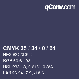 Farbcode: CMYK 35 / 34 / 0 / 64 | qconv.com