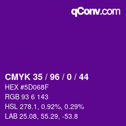 Code couleur: CMYK 35 / 96 / 0 / 44 | qconv.com