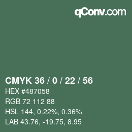 Farbcode: CMYK 36 / 0 / 22 / 56 | qconv.com