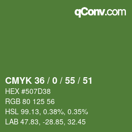 Code couleur: CMYK 36 / 0 / 55 / 51 | qconv.com