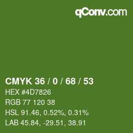 Color code: CMYK 36 / 0 / 68 / 53 | qconv.com