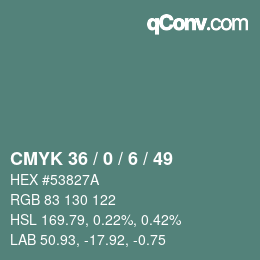 颜色代码: CMYK 36 / 0 / 6 / 49 | qconv.com