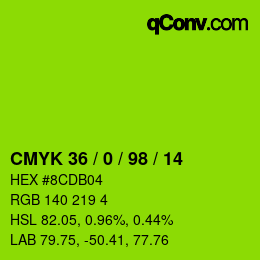 Code couleur: CMYK 36 / 0 / 98 / 14 | qconv.com