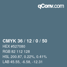 Farbcode: CMYK 36 / 12 / 0 / 50 | qconv.com