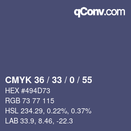 Color code: CMYK 36 / 33 / 0 / 55 | qconv.com