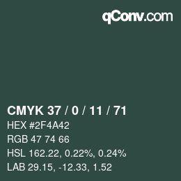 Farbcode: CMYK 37 / 0 / 11 / 71 | qconv.com