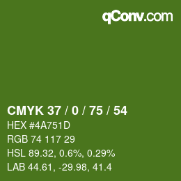 Color code: CMYK 37 / 0 / 75 / 54 | qconv.com