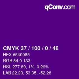 Code couleur: CMYK 37 / 100 / 0 / 48 | qconv.com