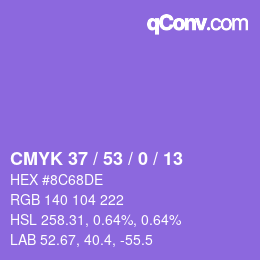 カラーコード: CMYK 37 / 53 / 0 / 13 | qconv.com