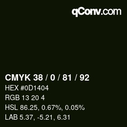Farbcode: CMYK 38 / 0 / 81 / 92 | qconv.com