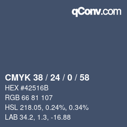 Farbcode: CMYK 38 / 24 / 0 / 58 | qconv.com