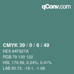 Farbcode: CMYK 39 / 0 / 6 / 49 | qconv.com