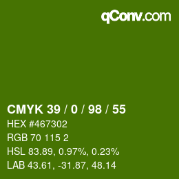 Farbcode: CMYK 39 / 0 / 98 / 55 | qconv.com