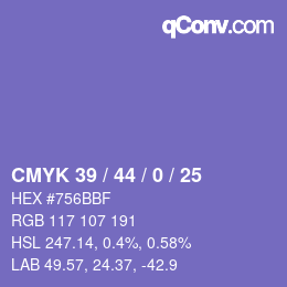 カラーコード: CMYK 39 / 44 / 0 / 25 | qconv.com