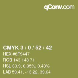 カラーコード: CMYK 3 / 0 / 52 / 42 | qconv.com