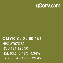 カラーコード: CMYK 3 / 0 / 60 / 51 | qconv.com