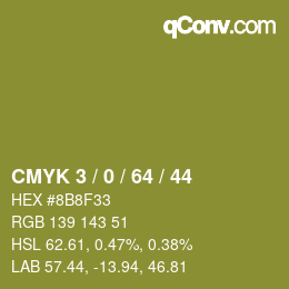 Code couleur: CMYK 3 / 0 / 64 / 44 | qconv.com