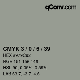 Farbcode: CMYK 3 / 0 / 6 / 39 | qconv.com