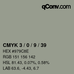 カラーコード: CMYK 3 / 0 / 9 / 39 | qconv.com