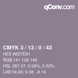 Farbcode: CMYK 3 / 13 / 0 / 43 | qconv.com