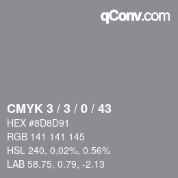 Farbcode: CMYK 3 / 3 / 0 / 43 | qconv.com