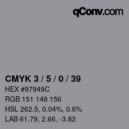 カラーコード: CMYK 3 / 5 / 0 / 39 | qconv.com
