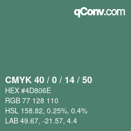 カラーコード: CMYK 40 / 0 / 14 / 50 | qconv.com