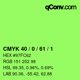 カラーコード: CMYK 40 / 0 / 61 / 1 | qconv.com