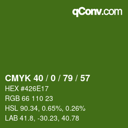 Color code: CMYK 40 / 0 / 79 / 57 | qconv.com