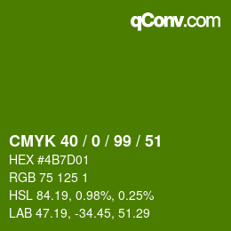 Farbcode: CMYK 40 / 0 / 99 / 51 | qconv.com
