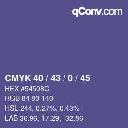 Code couleur: CMYK 40 / 43 / 0 / 45 | qconv.com