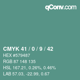 カラーコード: CMYK 41 / 0 / 9 / 42 | qconv.com