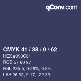 Color code: CMYK 41 / 38 / 0 / 62 | qconv.com