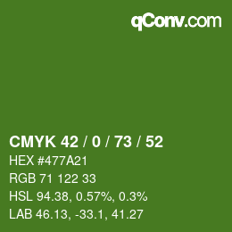 Color code: CMYK 42 / 0 / 73 / 52 | qconv.com