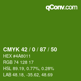 颜色代码: CMYK 42 / 0 / 87 / 50 | qconv.com