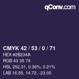 Farbcode: CMYK 42 / 53 / 0 / 71 | qconv.com
