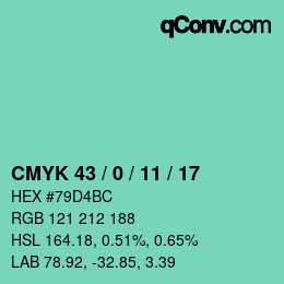 颜色代码: CMYK 43 / 0 / 11 / 17 | qconv.com