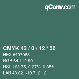 Farbcode: CMYK 43 / 0 / 12 / 56 | qconv.com